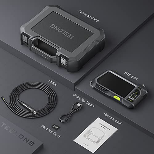 Dual Lens Endoscope with 5" Monitor, Teslong NTS500 Industrial Waterproof Borescope Inspection Camera with 0.21in Front & Side-View Double Lens with 9.8FT Probe, 5-Inch IPS LCD Screen & Case