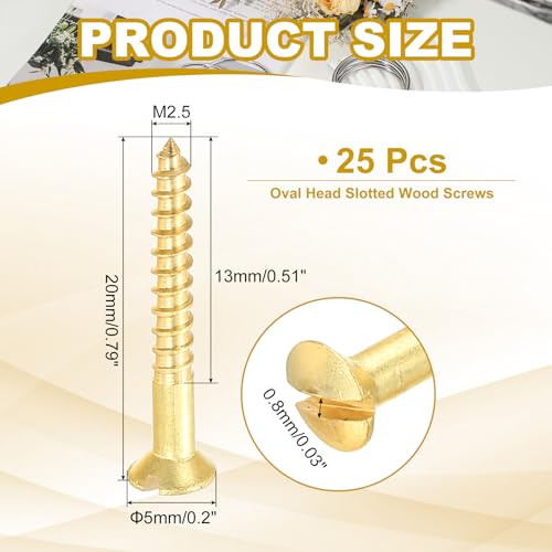 PATIKIL M2.5 x 20mm Slotted Wood Screw, 25 Pack Solid Brass Oval Head - size: M2.5x20mm