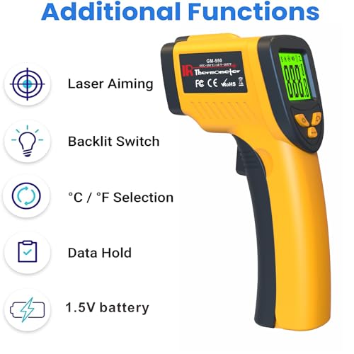 DEASOMIYE Infrared Laser Thermometer, Digital Infrared Laser Thermometer Gun with Adjustable Emissivity, IR Thermometer Temperature Gun for Cooking, Pizza Oven & Engine, -58℉~1022℉(-50℃~550℃) - color: Yellow