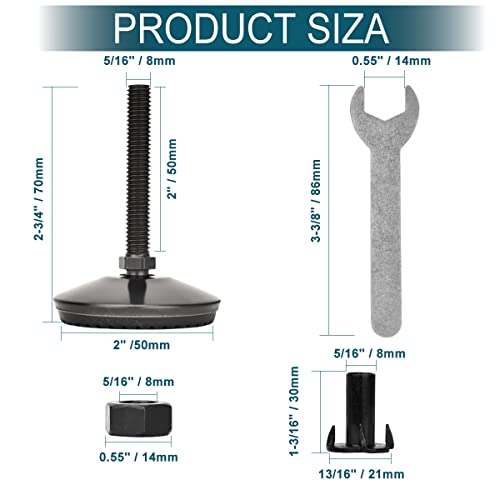 M8 Leveling Feet with 2" Thread Length - Black, 4 Set - color: Black, size: M8 x 50mm