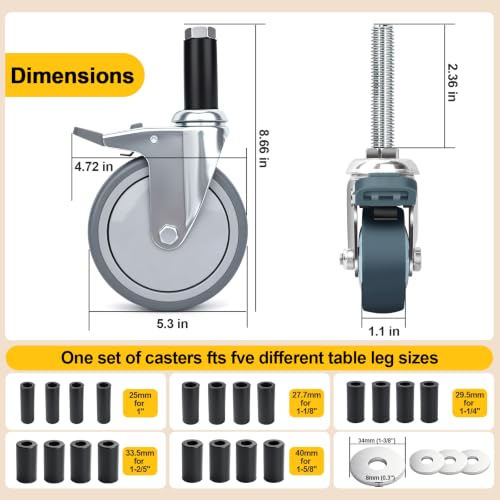 5 Inch Expanding Stem Casters with 5 Size Rubber Sleeves - size: 5Inch