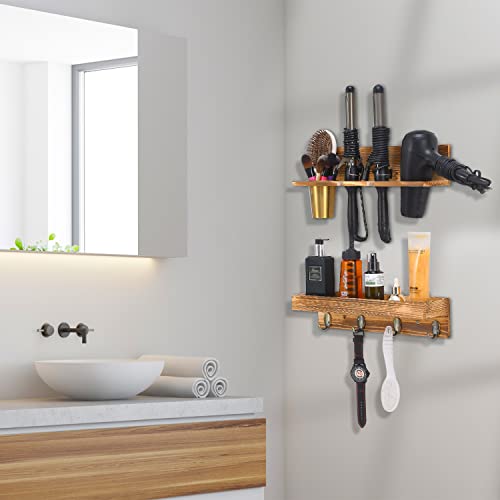UPTRUST Wall Mount Hair Tool Organizer, Set of 2 Layer Rustic Wooden Dryer Holder Rack, Product Organizer Tray for Dryer with 4 Hooks