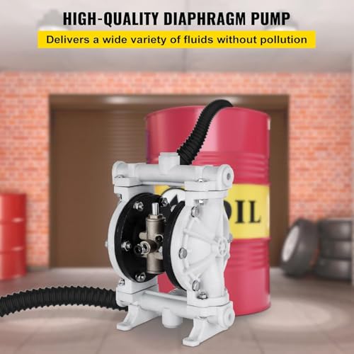 VEVOR Air-Operated Double Diaphragm Pump, 1/2 in Inlet & Outlet, Polypropylene Body, 2.5 GPM & Max 80PSI, PTFE Diaphragm Pneumatic Transfer Pump for Petroleum, Diesel, Oil & Low Viscosity Fluids - size: 2.5GPM