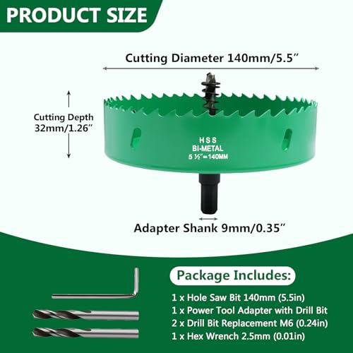 5.5 Inches/140mm Bi-Metal Hole Saw with Arbor & Pilot Bit - color: Green, size: 5.5 inches