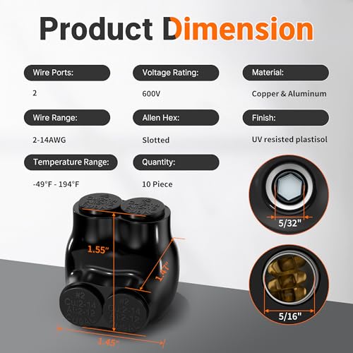 Joinfworld 2 Port Insulated Multi Tap Connector 2-14AWG Aluminum to Copper Wire Connectors Single Side Entry Aluminum Black Electrical Cable Connectors with Slotted Allen Hex - 10 Pack - color: 2-14 AWG(10pcs)