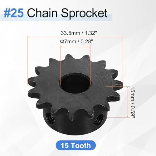 uxcell #25 Chain Roller Sprocket 7mm Bore 33.5mm OD, 15 Tooth C45 Carbon Steel ANSI #25 Roller Sprocket Round Hole with Set Screws for ISO 04C Chain, Black - size: 7mm Bore 33.5mm OD, 15 Tooth