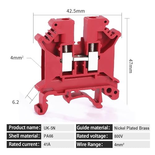 100PCS Red UK5N Terminal Block DIN Rail Terminal Blocks - Application for 24-10AWG 800V Electrical Cabinets Distribution Box,Solar Power System,PLC Industrial Control Automation Panel DIY CNC RV - color: UK5N Red