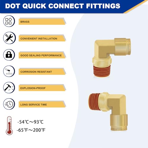 2 PCS DOT Quick Connect Air Fittings 1/2" Tube OD x 3/8" NPT Elbow - size: 1/2" Tube OD x 3/8" NPT - 2 PCS