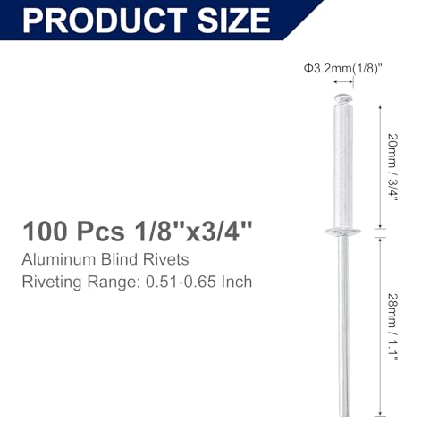 uxcell 100Pcs 1/8" x3/4" Aluminum Blind Rivets Dome Head Long Split Rivets - size: 1/8"x3/4"
