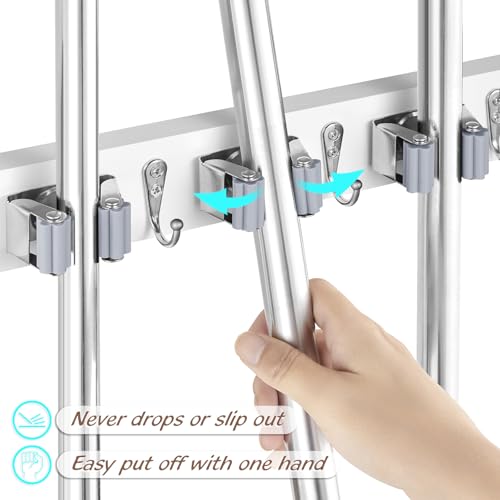 OUTNILI 2 Pack White Mop Broom Holder Wall Mount with 3 Slots & 4 Hooks - Rustic Wood Broom Mop Hanger for Pantry Kitchen Organization - Garden Tool Organizer for Closet Laundry Room - color: White-3 Grips, size: 2 Pack