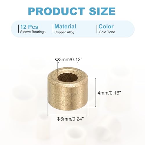 MECCANIXITY Sleeve Bearings,3mm Bore x 6mm OD x 4mm Length Self-Lubricating Cast Brass Bushing Plain Shaft Bearings for Sliding Movements Parts of Machinery(Gold Tone, Pack of 12) - size: 3 x 6 x 4mm
