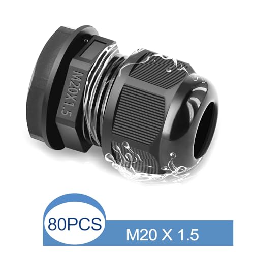 USUPERINK 80PCS Waterproof Cable Glands M20x1.5, Adjustable 6-12mm Black Cable Connectors, IP66 Nylon Compression Gland Kit, 20mm Fitting Hole for Electrical Junction Boxes, Outdoor Use