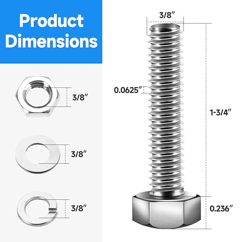 (8 Sets) 3/8-16 x 1-3/4" Bolts, 3/8 Bolt Hex Head Screws, Assorted Screws Nuts and with Flat & Lock Washers, 304 Stainless Steel 18-8 Bright Finish 3/8 Bolts and Nuts Set by Marysino - color: (Silver)-3/8, size: 1-3/4"