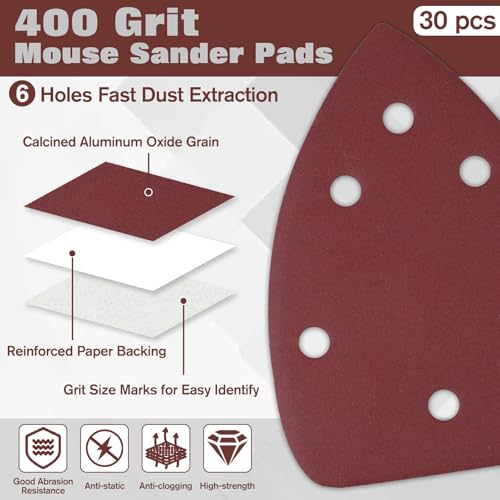 30 Pcs Mouse Sander Sandpaper 400 Grit 6 Hole Mouse Sander Pads Hook and Loop Sanding Disc - style: 400 Grit