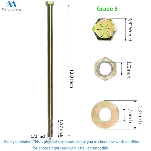 1/2" x 12" Hex Head Bolt by Color Galvanization with Nylon Lock nut and Large Size Washer Assortment Kit,Alloy Steel,Grade 8.(4pcs Pack) - size: Grade 8 1/2" x 12"