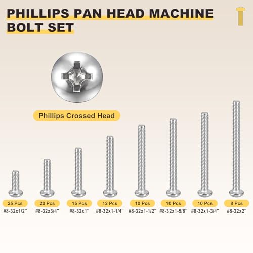 METALLIXITY 110Pcs Phillips Pan Head Machine Bolts Assortment Kit #8-32 - size: #8-32x1/2"/3/4"/1"/1-1/4"/1-1/2"/1-5/8"/1-3/4"/2"