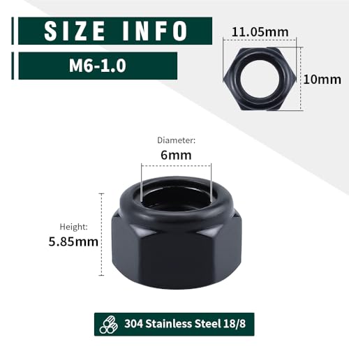 EASTLO 100 pcs M6 Lock Nuts Black, Nylon Insert Locknuts 304 Stainless Steel A2-70 Grade, Self Clinching Nuts, Coarse Thread - size: M6
