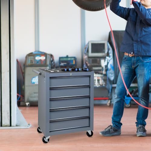 Rolling Metal Tool Chest with 5 Drawers, 20" 5-Drawer Tool Chest Cabinet with Ball Bearing Drawer Slides, Steel Tool Storage Box Organizer-Grey - color: Gray-5