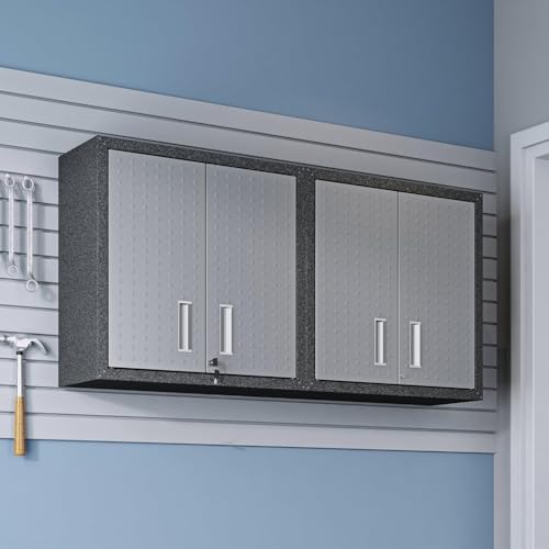 Manhattan Comfort Fortress 30" Floating Garage Storage Cabinet Set of 2, Lockable, Adjustable Shelves, Recessed Handles, Steel Wall Mounted Utility Cabinet for Workshop, Garage, Basement in Grey/Black - color: Black/Grey, style: Dual Floating