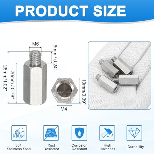 PATIKIL Standoff Screws, 4pcs M6x6mm Male to H10 M5x20mm Female 304 Stainless Steel Thread Reducing Hex Standoff Spacer Screw Nuts Thread Adapters Reducer for PCB Motherboard - size: M6x6mm Male to H10 M5x20mm Female