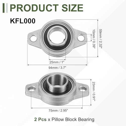 uxcell KFL005 Pillow Block Bearing 1" (25mm) Zinc Alloy Steel 2Pcs - size: KFL005 (1" Bore)