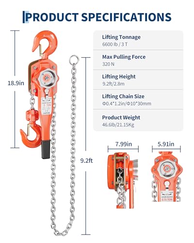 Manual Lever Chain Hoist 3 TON 6600 LBS Capacity 10FT Lift 2 Heavy Duty Hooks Commercial Grade Steel for Lifting Pulling Construction Building Garages Warehouse Automotive Machinery - size: 3T 6600lb 10FT