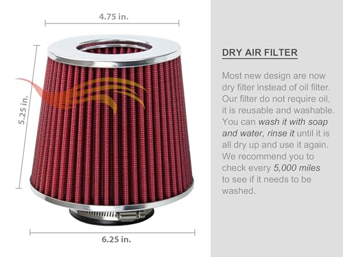 Rtunes Racing 3.5-Inch 89mm Truck Dry Cone Air Filter, Red, 8-Inch Tall - size: Truck 3.5"