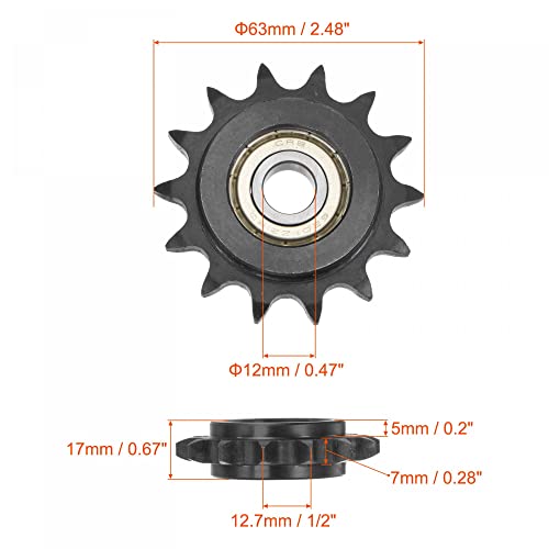 uxcell #40 Chain Idler Sprocket, 12mm Bore 1/2" Pitch 14 Tooth Tensioner, Black Oxide Finished C45 Carbon Steel with Insert Single Bearing for ISO 08A Chains - size: 63mm