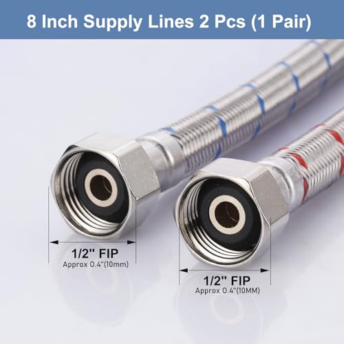 ARCORA 8-Inch Length Faucet Hose Connector Braided Stainless Steel cUPC Supply Lines 1/2-Inch FIP x 1/2-Inch FIP Sink Hose Replacement 1 Pair - size: 8 Inch