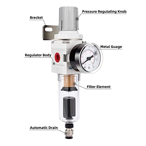 NANPU 1/4" NPT Air Compressor Filter & Pressure Regulator Combo, Auto Drain - size: 1/4" NPT, style: Auto Drain, Metal Coupler&Plug