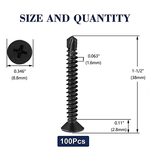 #10 x 1-1/2" Sheet Metal Screws 100Pcs 410 Stainless Steel Flat Head Fast Self Tapping Screws Black Oxide by SG TZH - size: #10 x 1-1/2"