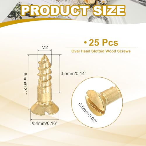 PATIKIL M2 x 8mm Slotted Wood Screw, 25 Pack Solid Brass Oval Head - size: M2x8mm