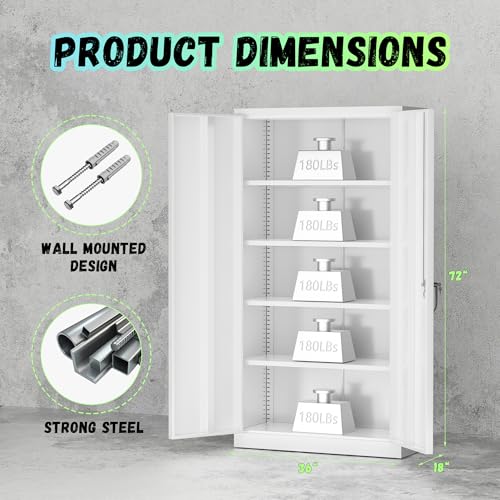 SUNCROWN Metal Storage Cabinets with Lock, Tool Cabinet, 72" Locking Steel Storage, Tall Locker Organizer Garage Cabinets with 2 Doors and 4 Shelves for Home,Office,Warehouse,Garage,School(White) - color: White, size: 72"H x 36"W x 18"D
