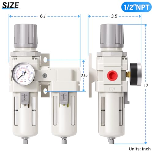 TAILONZ PNEUMATIC 0-150PSI 1/2 Inch NPT Particulate Filter+Coalescing Filter Air Filter Pressure Regulator Combo Piggyback, Air Tool Compressor Filter (Semi-Auto Drainage)