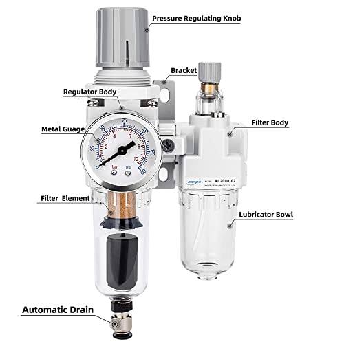 NANPU 1/4" NPT Air Filter Regulator Lubricator Combo, Water Separator - size: 1/4" NPT, style: Auto Drain, Metal Coupler & Plug