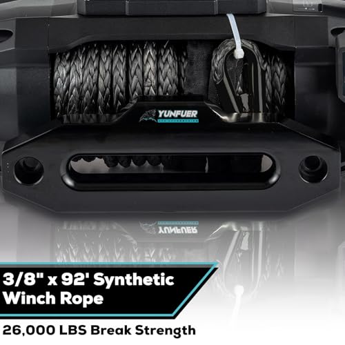 3/8" x 92ft Synthetic Winch Rope Cable Kit, 26000LBS Winch Rope with Protective Sleeve + Forged Winch Hook and Safety Pull Strap for SUV (Gray) - color: gray, size: 3/8"x92ft