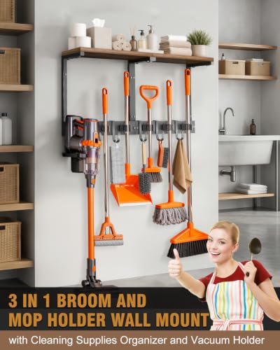 Large Broom Holder Wall Mount with Shelf, Vacuum Organizer, 5 Slots 5 Hooks - color: Black, size: Large