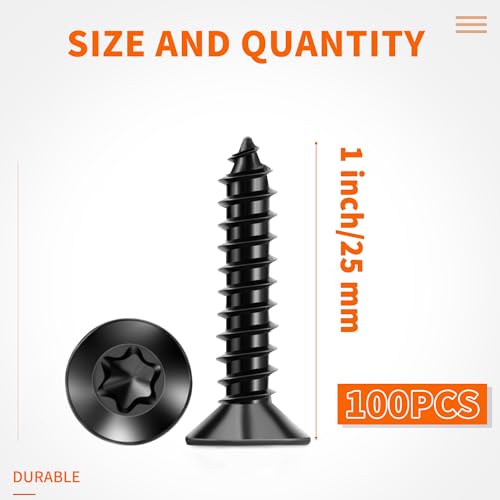 100 PCS #8 X 1 Inch Black Coated Flat Head Torx/Star Wood Screws, Stainless Steel 18-8 (A2) Fully Threaded No.8 X 1'' Screw by TPOHH - size: #8 X 1 inch