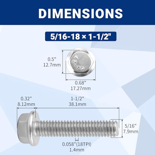 10pcs 5/16-18 x 1-1/2" Flange Hex Head Bolts (Non-Serrated), 304 SS - size: 5/16-18 x 1-1/2
