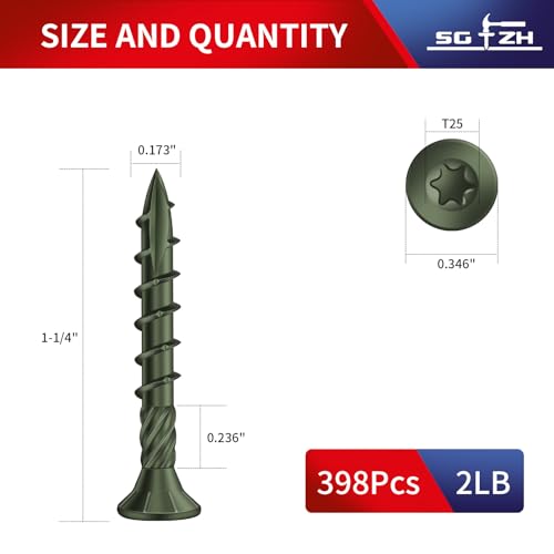#8 x 1-1/4" Deck Screws (398Pcs) 2lb. Carbon Steel, Green, Flat Head, Rust Resistant epoxy Coated, with T25 Star Bit - color: Green, size: #8 x 1-1/4"