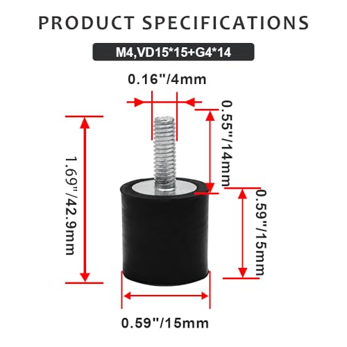 4Pcs M4 15x15mm Rubber Isolator Mounts Single Stud Shock Absorber - size: M4, VD1515+G4*12+M4*4