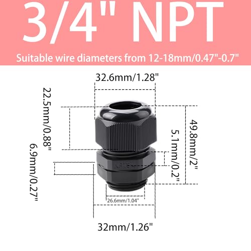 6PCS 3/4" NPT Black Cable Glands, IP68 Waterproof Nylon Strain Relief Cord Grips, Adjustable 12-18mm Wire Connectors with Rubber Gaskets & Locknuts for Junction Box Electrical Fittings - size: 3/4" NPT