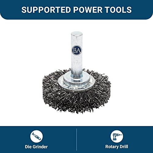 Benchmark Abrasives 1-1/2 Inch Grinder Mounted Crimped Wire Wheel for Drill with 1/4" Shank, Steel Brush for Rust Removal, Cleaning, Deburring on Cast Iron, Steel Rotary Tools (5 Pack) - Carbon Steel