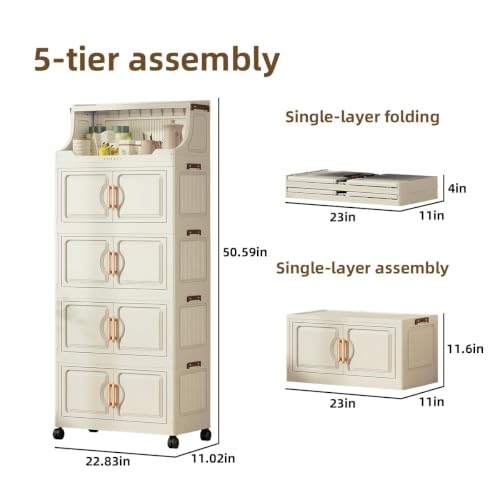 217QT Stackable Storage Bins with Lids & Rack, 5 Tier Large Capacity Foldable Storage Cabinet, Clear Collapsible Pantry Organizer for Home, Kitchen, Bathroom, Dorm, Office, White - color: White, size: 5 Tier 43.5QT