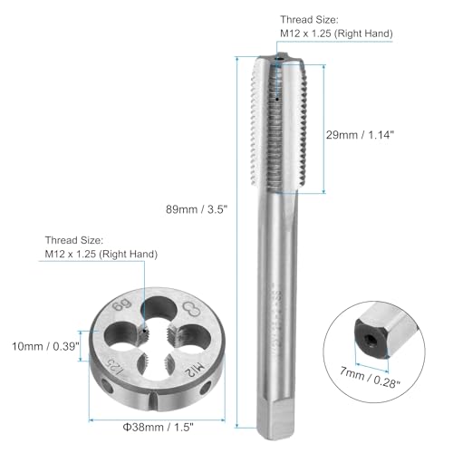 uxcell 3pcs Metric Hand Tap and Die Set, M12 x 1.25 Taper/Plug Thread Taps & Round Die, Hand Threading Tapping Tool Kit for Thread Repair - size: M12 x 1.25