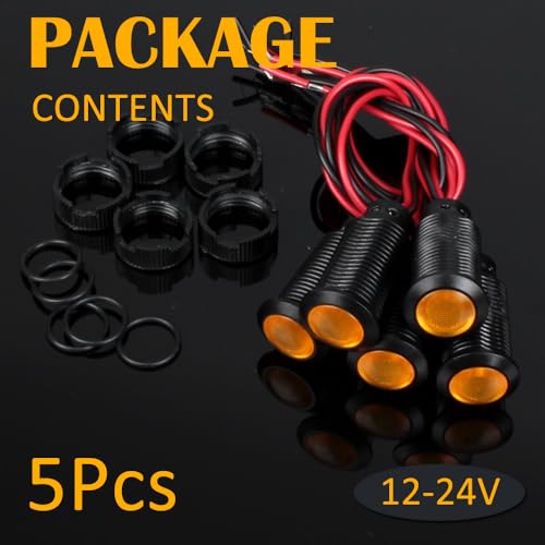 5pcs 12mm 12V-24V LED Indicator Light Plastic Black Signal Dot Lamp 12V-24V 1/2 inches Mounting Hole Size with 15cm/5.9in. Wire (Yellow LED) - color: Yellow, size: 12mm 12-24V