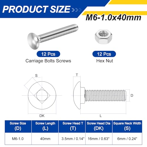 12Set M6-1.0x40 Carriage Bolt with Hex Nut 304SS - color: Silver Bright, size: M6-1.0x40