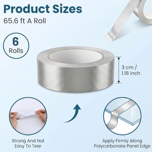 6 Rolls Greenhouse Tape, 1.18in x 65ft Each Polycarbonate Tape for Green House Panels, Heavy Duty Aluminum Foil Tape, Waterproof UV Resistant Self-Adhesive Seal for Greenhouse Roofing Outdoor Repairs