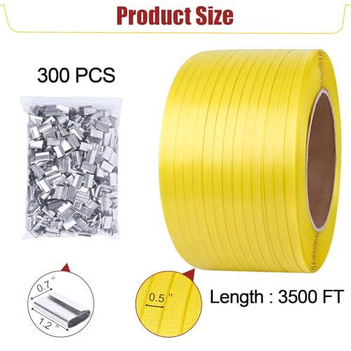 MYFAMIREA Heavy Duty Packaging Strapping, 1/2" x 3500FT Polypropylene Plastic Packaging Strapping, 300 Metal Seals, for Pallets, Logistics, Warehouse, Box Packaging and Shipping, Yellow - style: 3500FT Strapping-Yellow