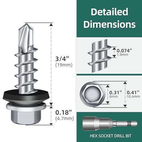 100-pack #10 x 3/4 Hex Head Self-Drilling Metal Roofing Screws with EPDM Washer, Zinc Plated Wood Screws, Self Tapping Sheet Metal Roof Screws (Diamond Point) - color: Silver, size: #10 x 3/4"